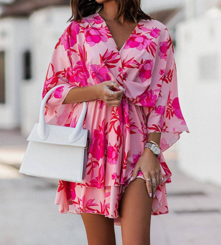 Women’s Floral Print Twist-Front Ruffle Summer Mini Dress