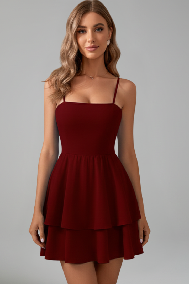 Women’s Spaghetti Strap Flared Skirt Layered Mini Dress