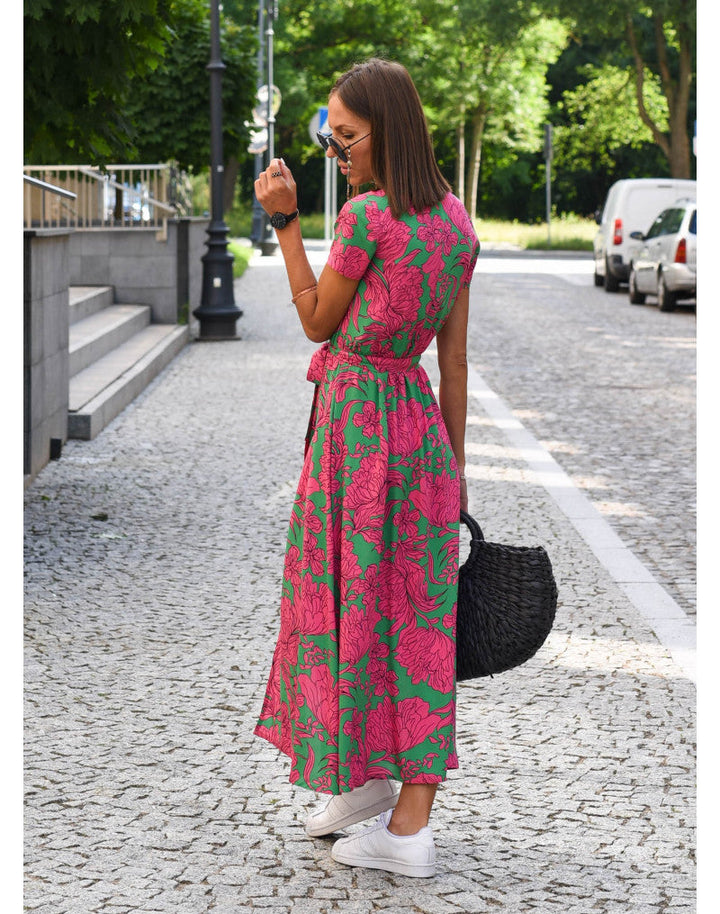 Women’s Floral Wrap Maxi Dress With V-Neck And Short Sleeves