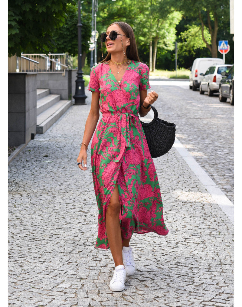 Women’s Floral Wrap Maxi Dress With V-Neck And Short Sleeves