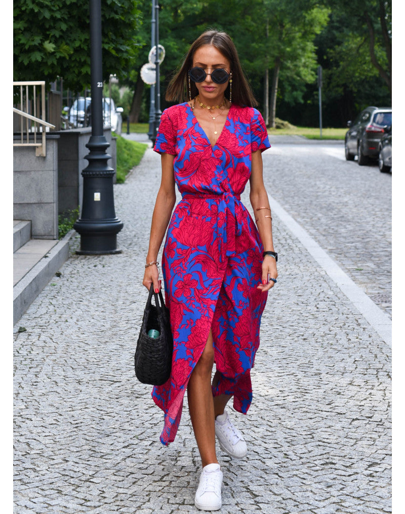 Women’s Floral Wrap Maxi Dress With V-Neck And Short Sleeves
