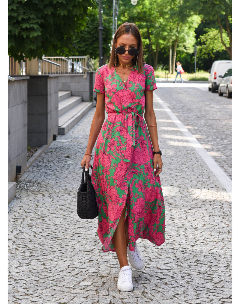 Women’s Floral Wrap Maxi Dress With V-Neck And Short Sleeves