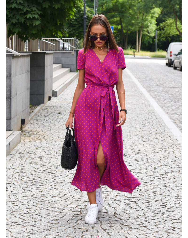 Women’s Floral Wrap Maxi Dress With V-Neck And Short Sleeves