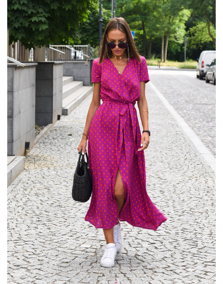 Women’s Floral Wrap Maxi Dress With V-Neck And Short Sleeves