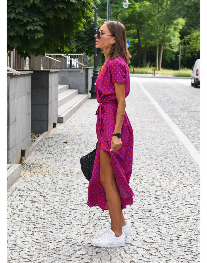 Women’s Floral Wrap Maxi Dress With V-Neck And Short Sleeves