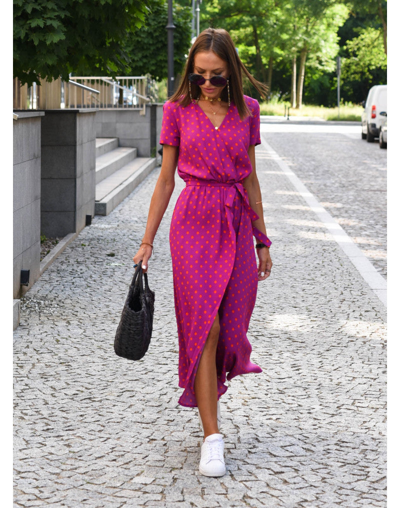 Women’s Floral Wrap Maxi Dress With V-Neck And Short Sleeves