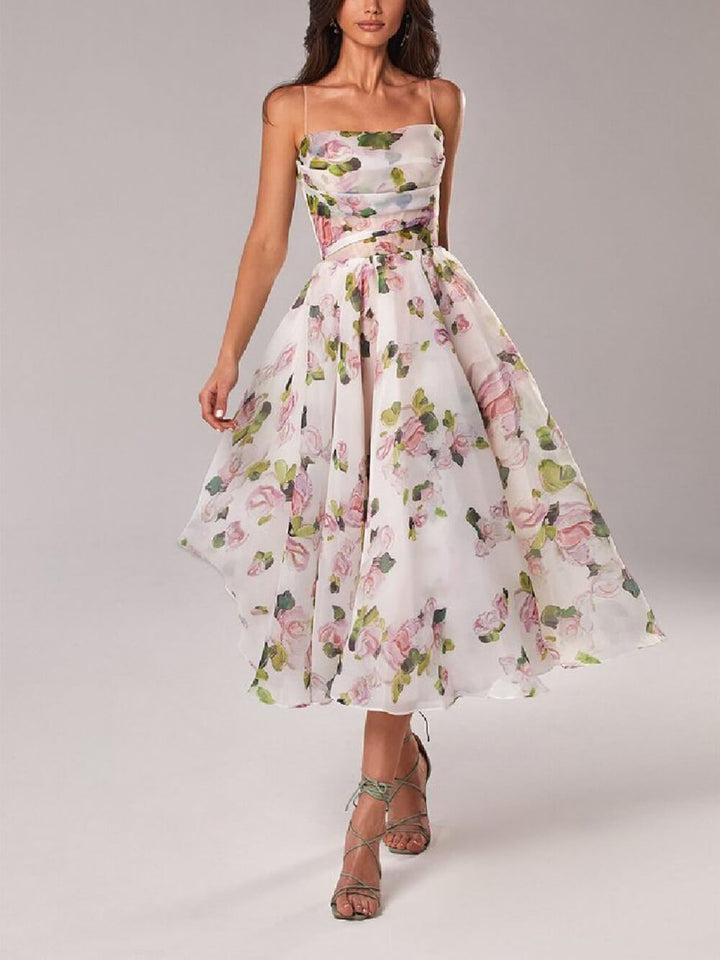 Women’s Floral Spaghetti Strap A-Line Midi Dress