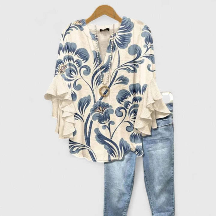 Women’s Floral Print Ruffle Sleeve Boho Blouse