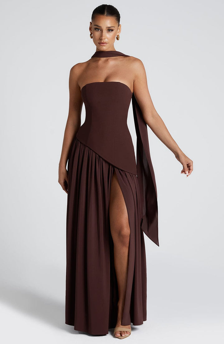Women’s Strapless Maxi Dress With High Slit And Elegant Fit