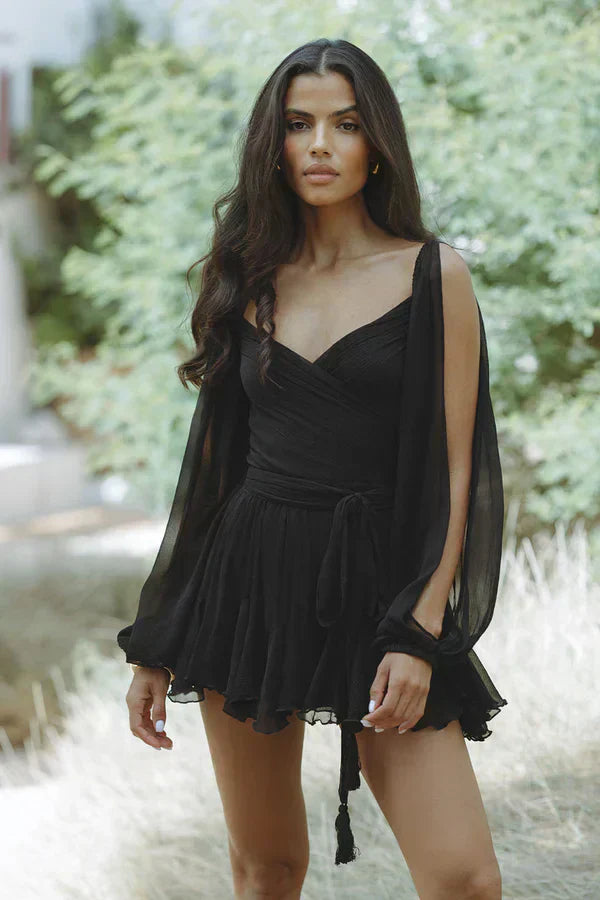 Women’s Sheer Sleeve Wrap Mini Dress