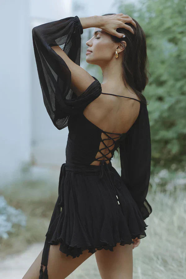 Women’s Sheer Sleeve Wrap Mini Dress