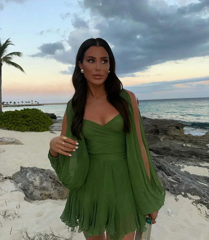 Women’s Sheer Sleeve Wrap Mini Dress