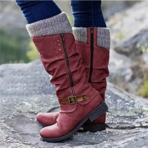 Stella | Women's Buckled Knit Cuff Knee High Boots