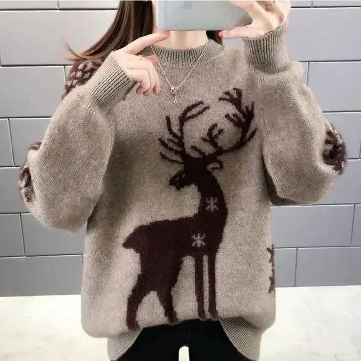 Doris | Gestrickter Damen-Weihnachtspullover mit Rentiermotiv