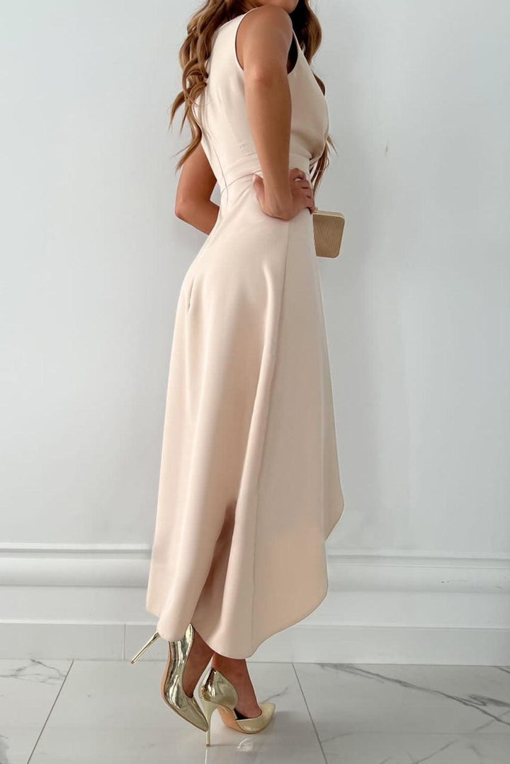 Women’s Sleeveless V-Neck Maxi Dress With Asymmetrical Hem And Elegant Fit