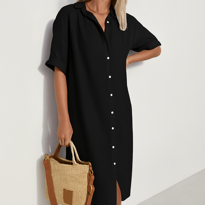 Women’s Midi Linen Shirt Dress With Button-Front