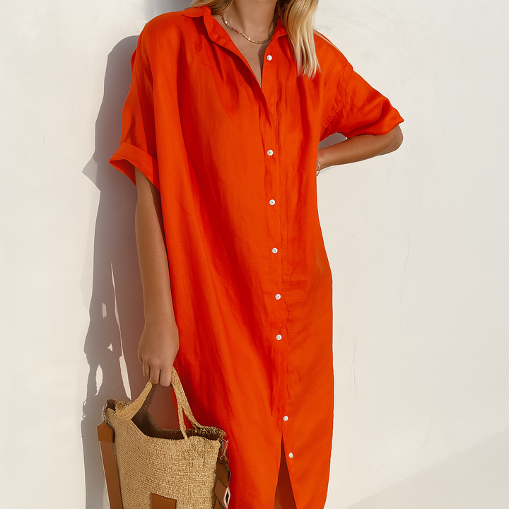 Women’s Midi Linen Shirt Dress With Button-Front