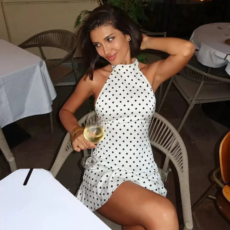 Women's Backless Halter Neck Polka Dot Mini Dress