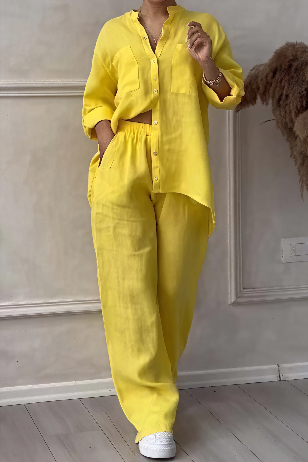 Women's Casual Button-Up Wide-Leg Two-Piece Set