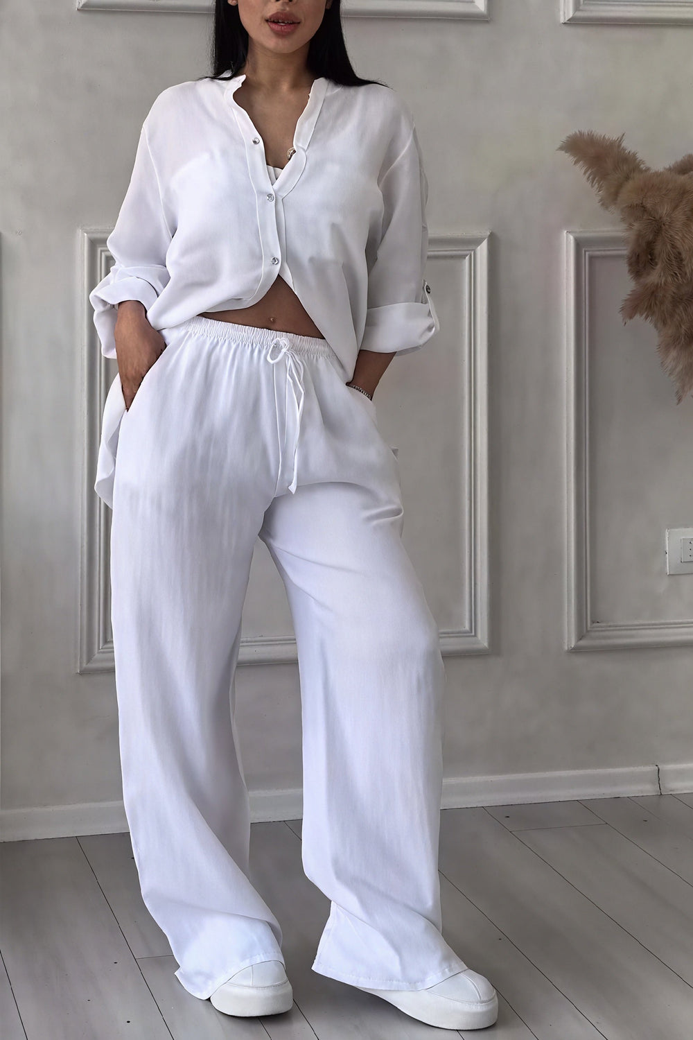 Women's Casual Button-Up Wide-Leg Two-Piece Set