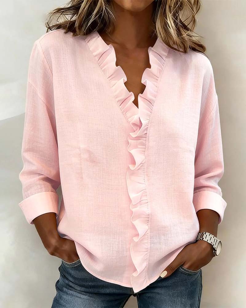 Women's Chic Ruffle V-Neck Long Sleeve Summer Blouse