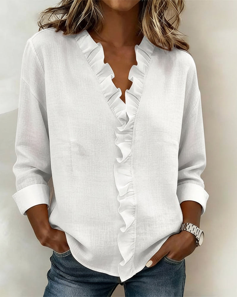 Women's Chic Ruffle V-Neck Long Sleeve Summer Blouse