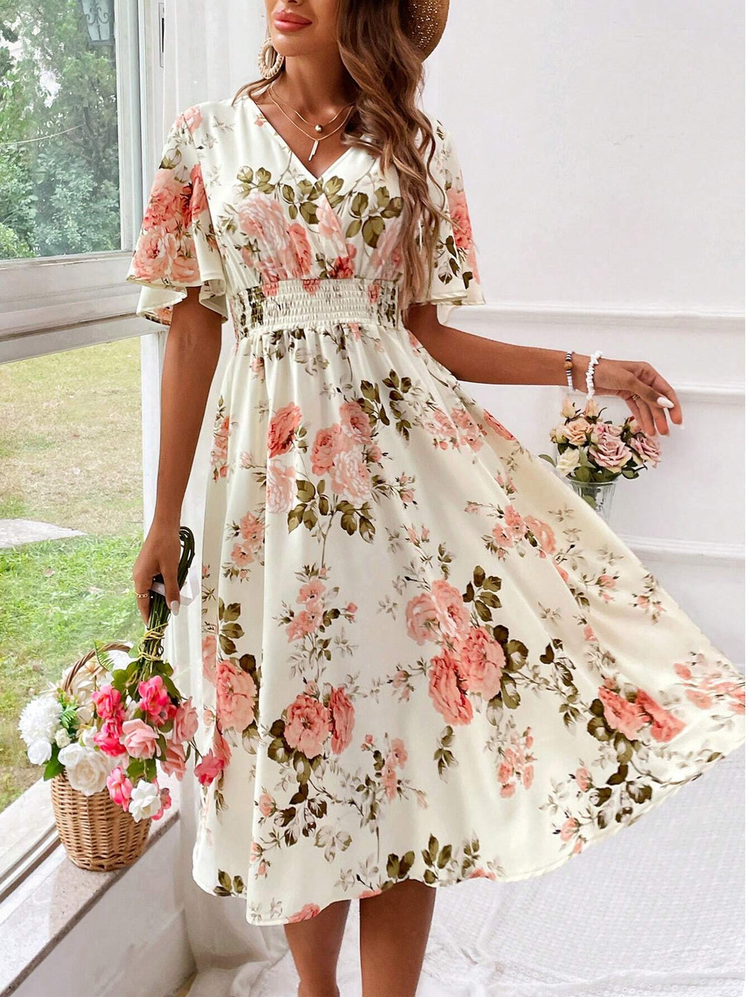 Women's Elegant Floral A-Line Midi Dress
