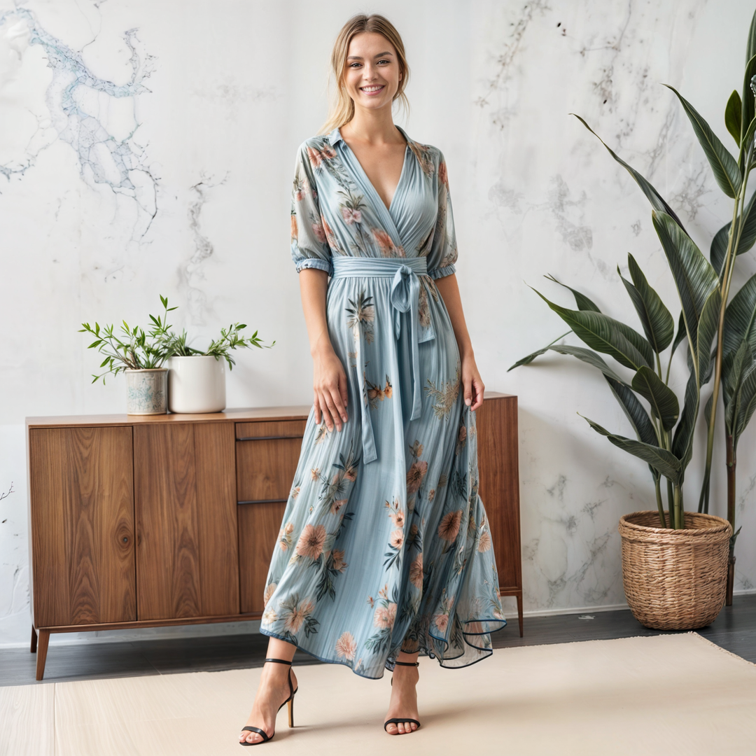 Women's Elegant Floral Chiffon V-Neck Maxi Dress