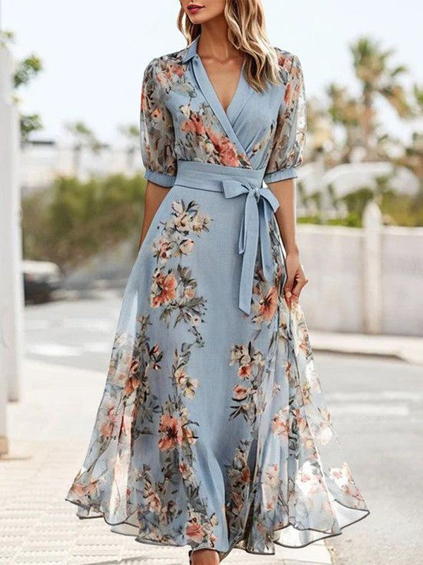 Women's Elegant Floral Chiffon V-Neck Maxi Dress