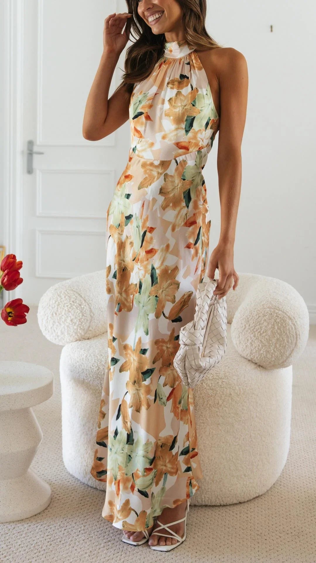 Women's Elegant Floral Halter Neck Maxi Dress