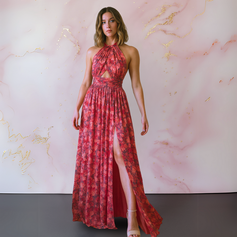 Women's Elegant Halter Neck Front Slit Maxi Dress