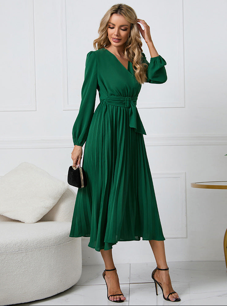 Women's Elegant Long Sleeve Pleated Midi Dress