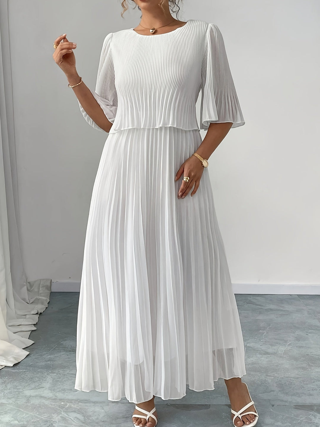 Women's Elegant Pleated A-Line Wedding Guest Maxi Dress