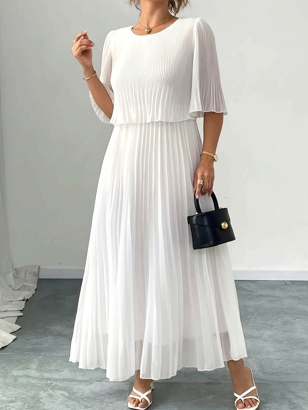 Women's Elegant Pleated A-Line Wedding Guest Maxi Dress