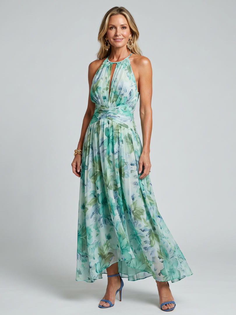 Women's Floral Halter Neck Ruched Maxi Dress