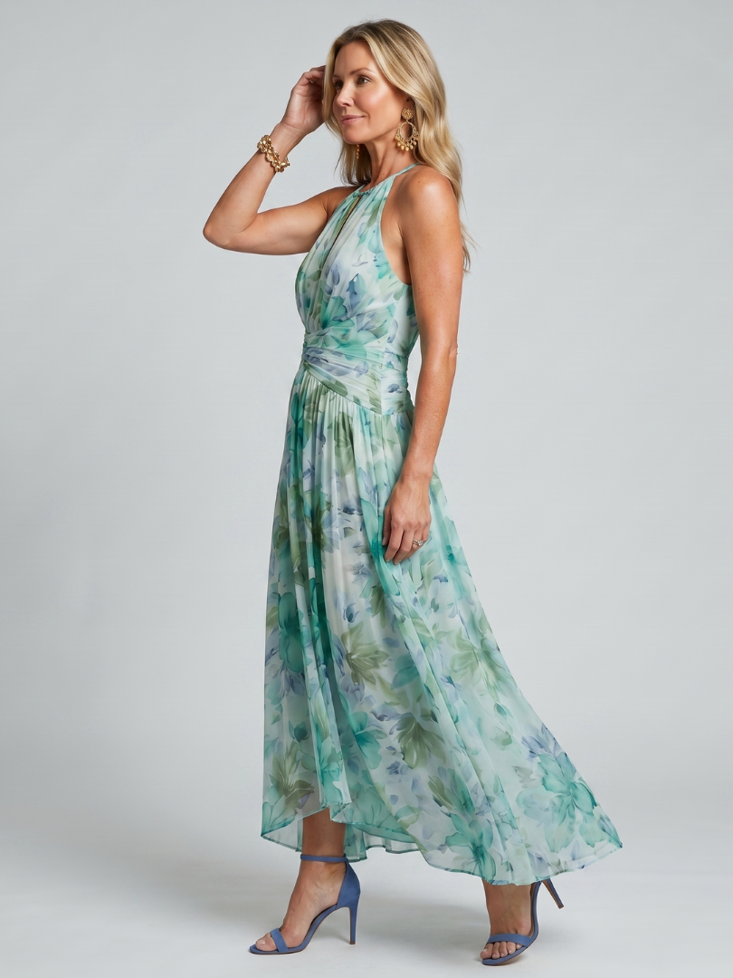 Women's Floral Halter Neck Ruched Maxi Dress