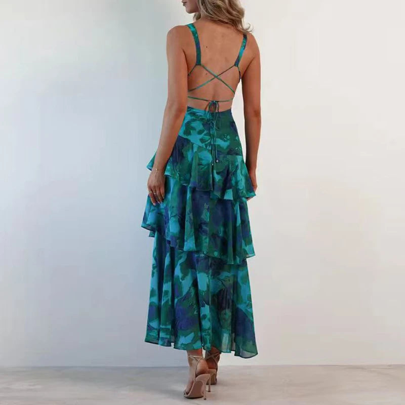 Women's Floral Print V-Neck Tiered Maxi Dress