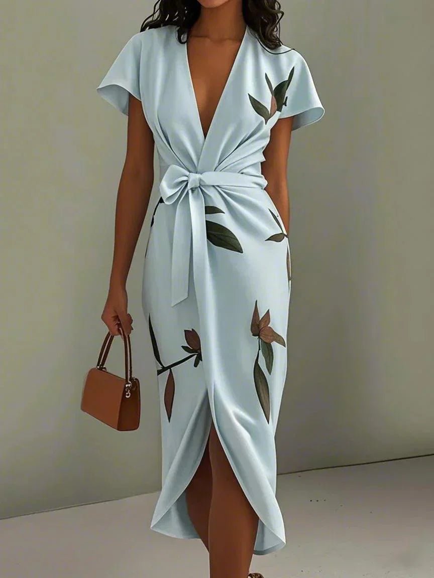Women's Floral Print V-Neck Wrap Midi Dress