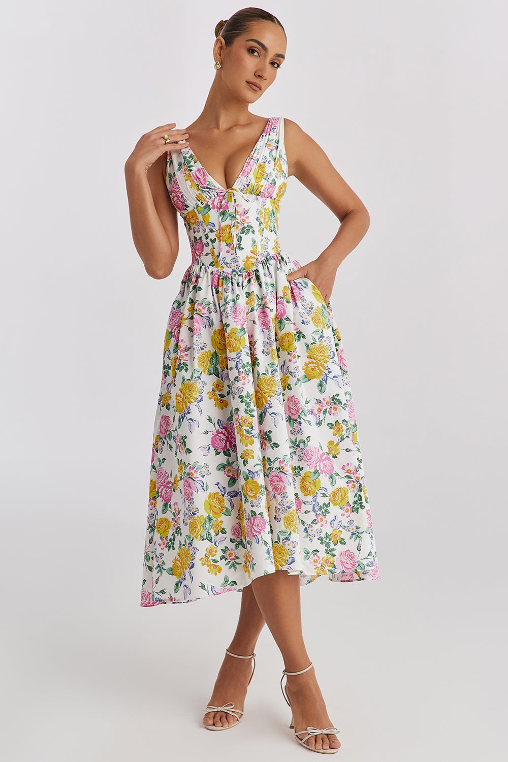 Women's Floral Sleeveless V-Neck A-Line Midi Dress