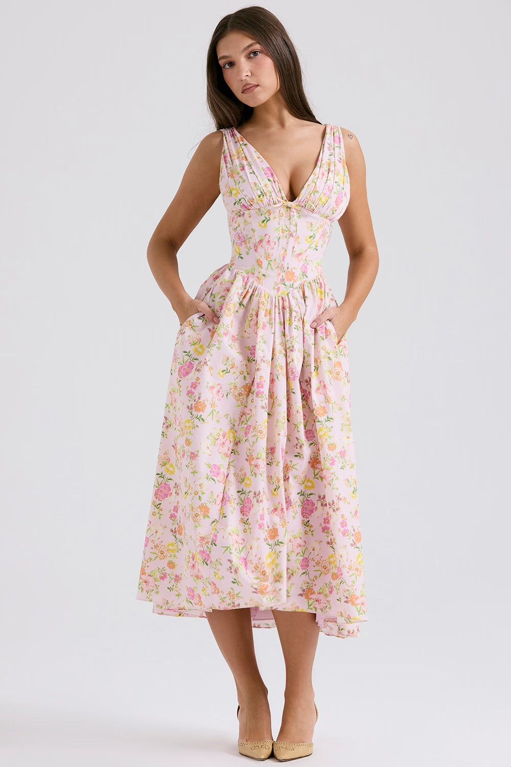 Women's Floral Sleeveless V-Neck A-Line Midi Dress
