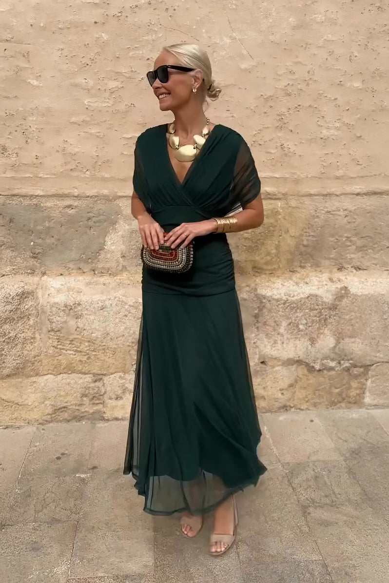 Women's Flowing V-Neck Pleated Maxi Dress