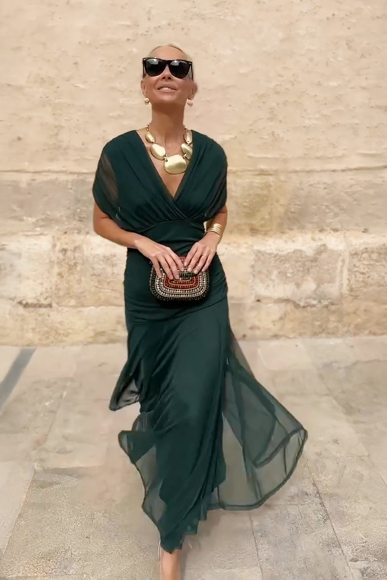 Women's Flowing V-Neck Pleated Maxi Dress