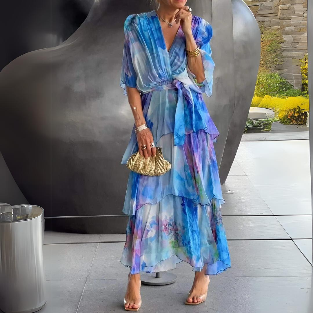 Women's Flowy Chiffon V-Neck Printed Maxi Dress