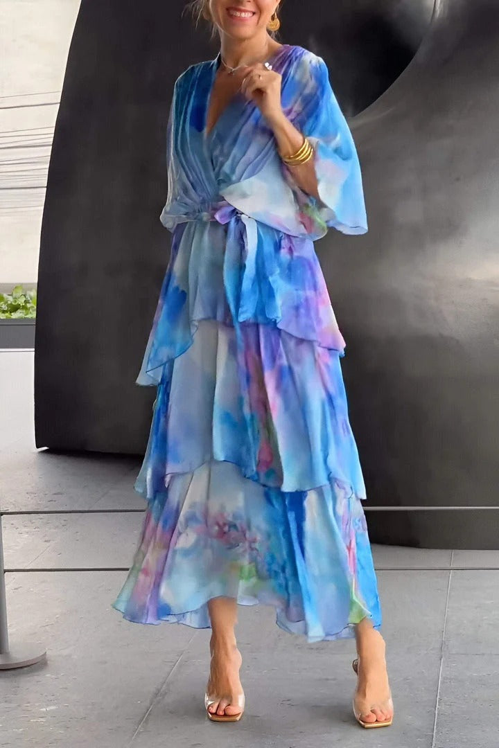 Women's Flowy Chiffon V-Neck Printed Maxi Dress