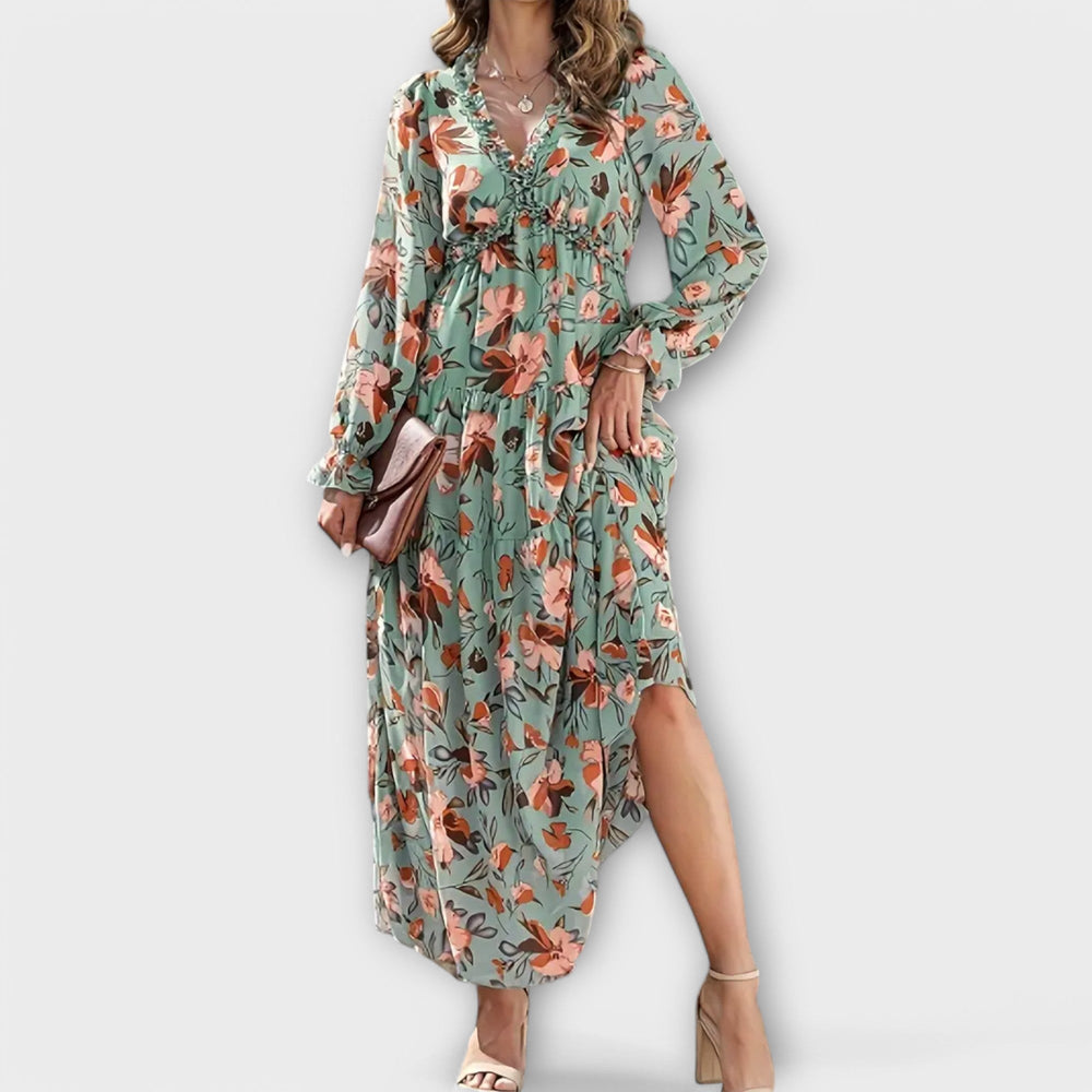 Women's Flowy Floral Pleated Maxi Dress