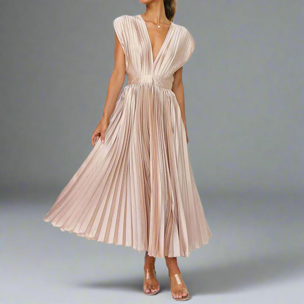 Women's Flowy Pleated V-Neck Midi Dress