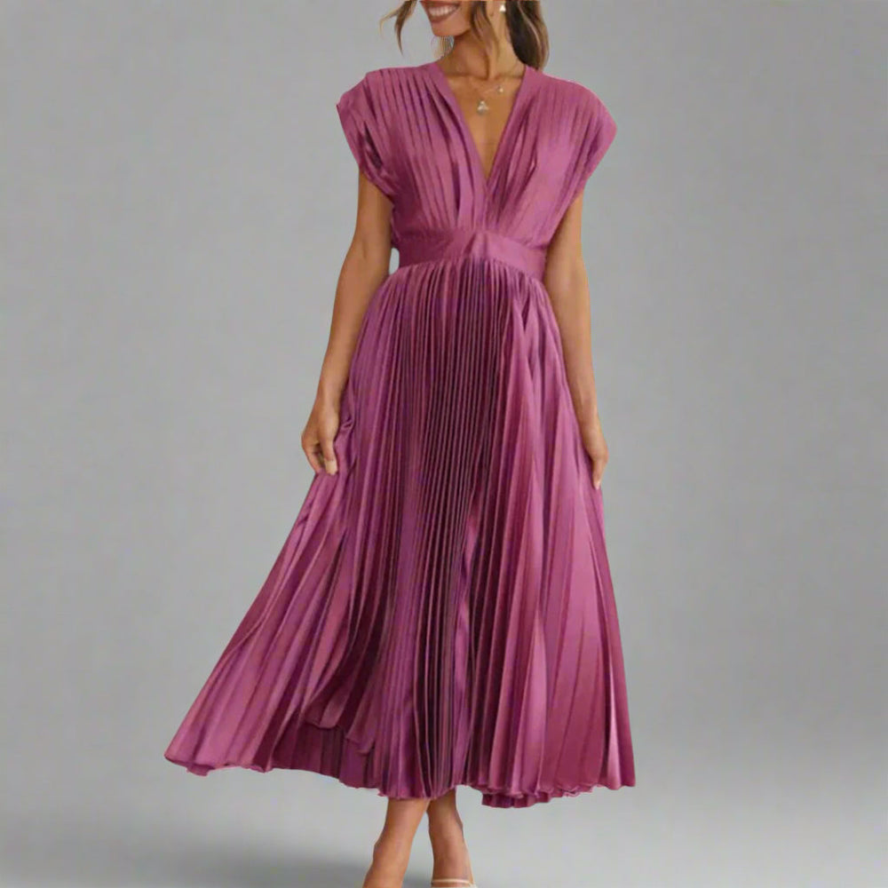 Women's Flowy Pleated V-Neck Midi Dress