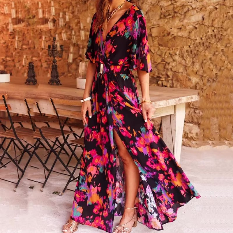 Women's Flowy V-Neck Wrap Maxi Dress