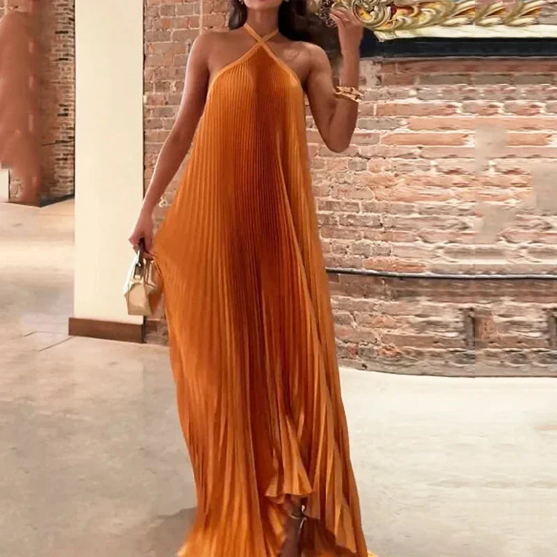 Women's Halter Pleated Sleeveless A-Line Maxi Dress