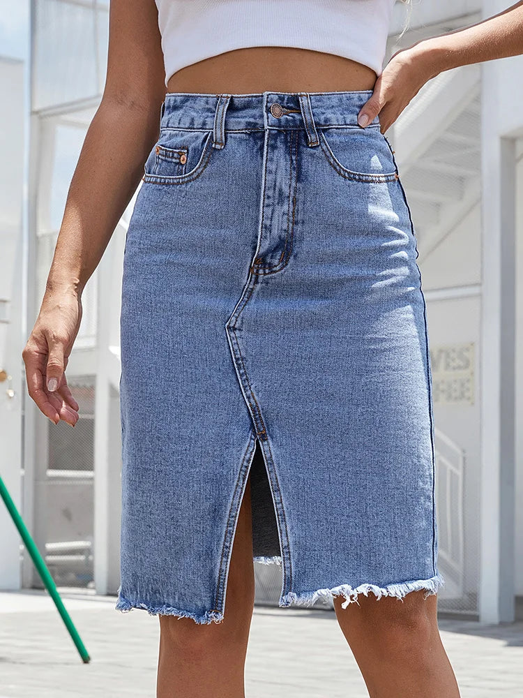 Women's High-Waist Denim Midi Skirt